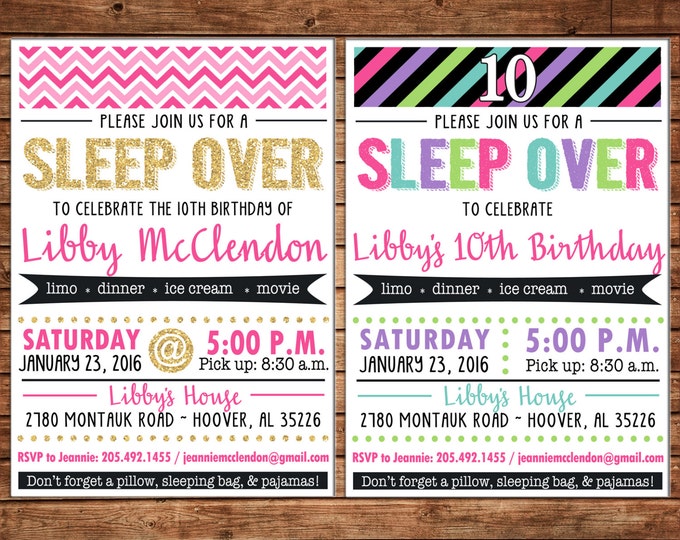 Girl Invitation Tween Teen Glitter Sleepover Birthday Party - Can personalize colors /wording - Printable File or Printed Cards