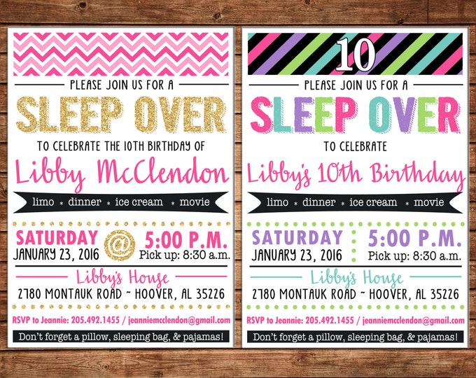 Girl Invitation Tween Teen Glitter Sleepover Birthday Party - Can personalize colors /wording - Printable File or Printed Cards