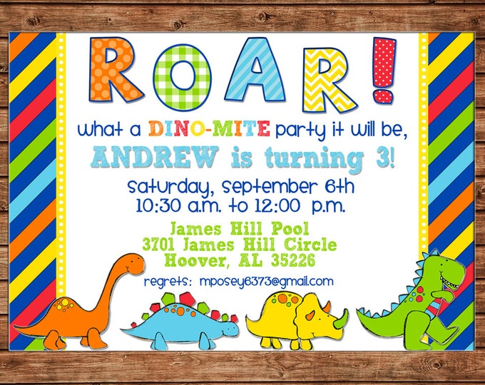 Boy Invitation Dino Dinosaur Birthday Party - Can personalize colors /wording - Printable File or Printed Cards