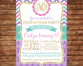 Girl Invitation Glitz Glamour Monogram Gold Birthday Party - Can personalize colors /wording - Printable File or Printed Cards