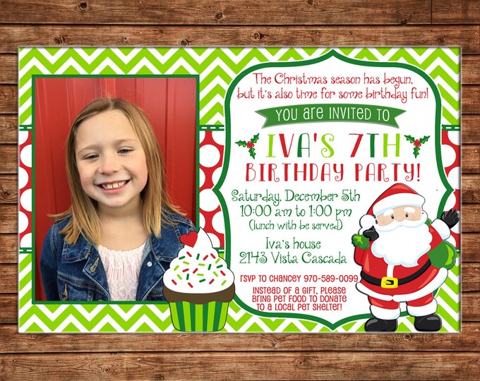 Boy or Girl Photo Invitation Christmas Santa Birthday Party - Can personalize colors /wording - Printable File or Printed Cards