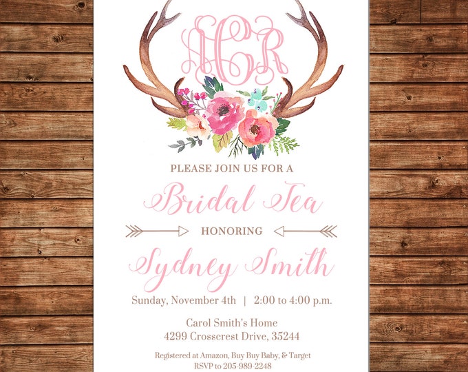 Watercolor Floral Flowers Deer Antlers Monogram Baby Invitation  - Can personalize colors /wording - Printable File or Printed Cards