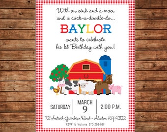 Boy or Girl Invitation Barnyard Barn Petting Zoo Farm Birthday Party - Can personalize colors /wording - Printable File or Printed Cards