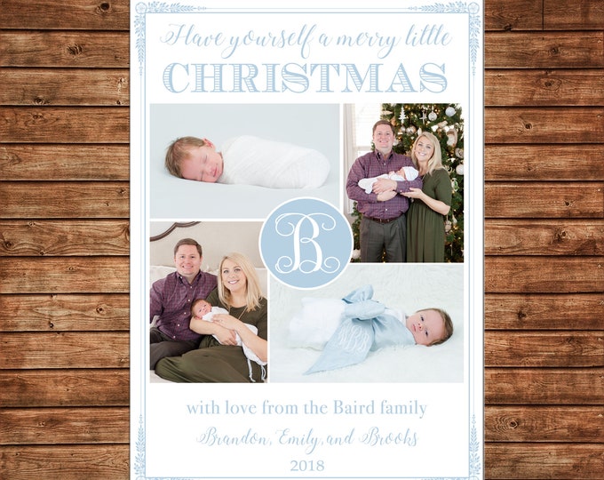 Christmas Holiday Photo Card Merry Little Christmas Baby Blue - Can Personalize - Printable File