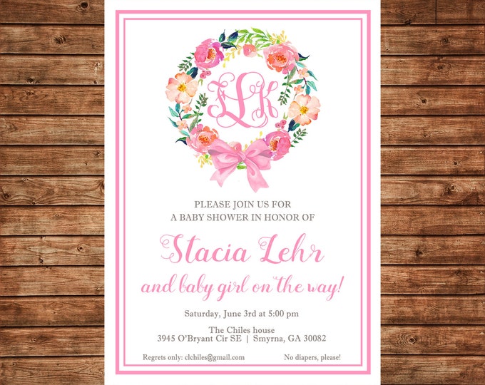 Watercolor Pink Wreath Bow Monogram Invitation Baby Shower Party - Can personalize colors /wording - Printable File or Printed Cards