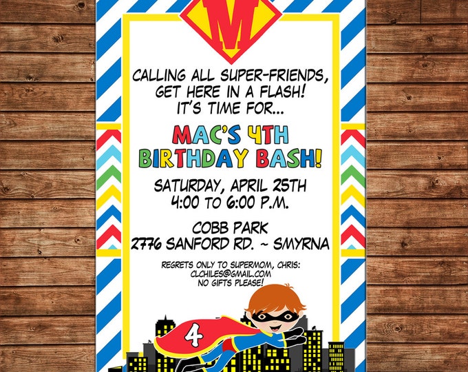 Boy Invitation Super Hero Superhero Shield Birthday Party - Can personalize colors /wording - Printable File or Printed Cards