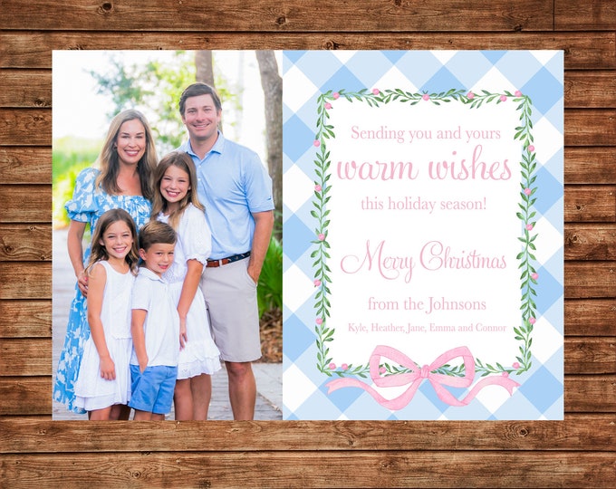 Christmas Holiday Photo Card Blue Gingham Watercolor Wreath Pink Bow - Can Personalize - Printable File