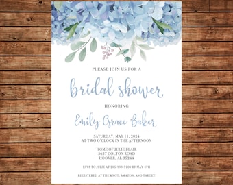 Watercolor Blue Flowers Floral Invitation Birthday Tea Shower - Can personalize colors /wording - Printable File or Printed Cards