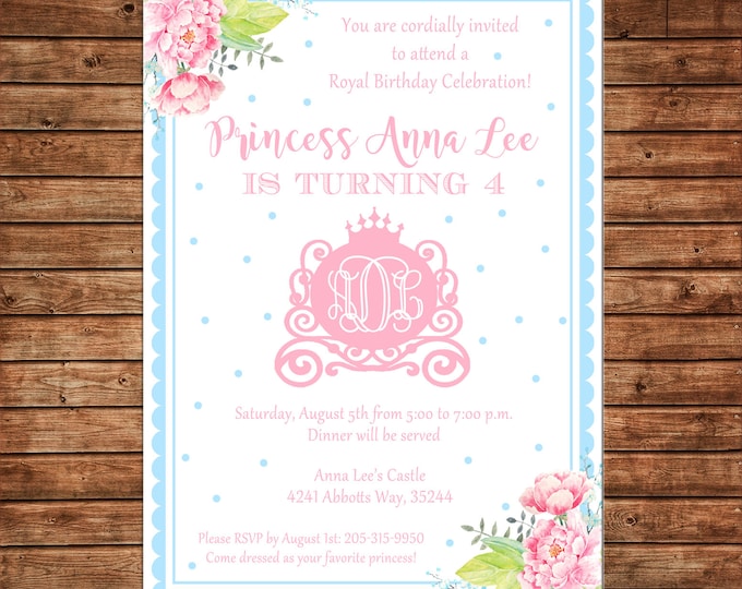 Girl Invitation Watercolor Monogram Princess Carriage Birthday Party - Can personalize colors /wording - Printable File or Printed Cards