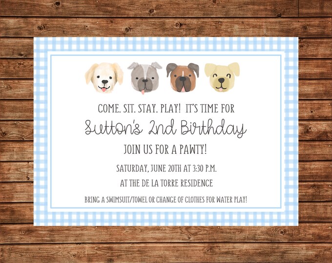 Boy or Girl Invitation Watercolor Puppy Dog Pawty Birthday Party - Can personalize colors /wording - Printable File or Printed Cards