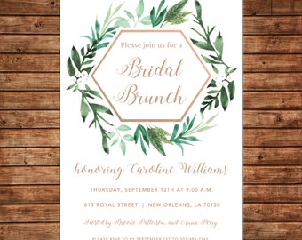 Invitation Watercolor Greenery Rose Gold Bridal Brunch Shower  - Can personalize colors /wording - Printable File or Printed Cards