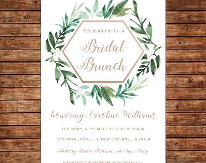 Invitation Watercolor Greenery Rose Gold Bridal Brunch Shower  - Can personalize colors /wording - Printable File or Printed Cards