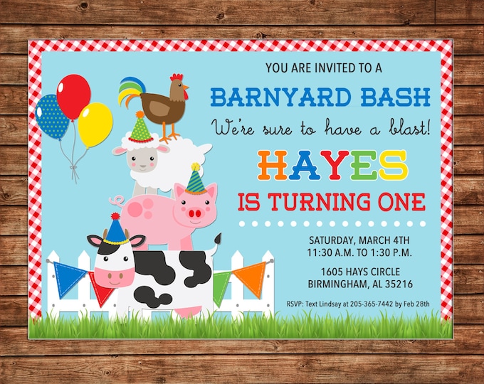 Boy or Girl Invitation Barnyard Barn Petting Zoo Farm Birthday Party - Can personalize colors /wording - Printable File or Printed Cards