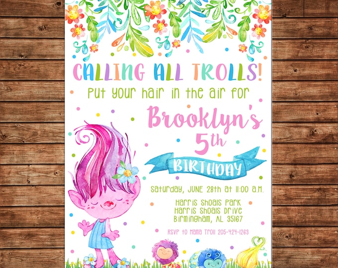 Girl Invitation Watercolor Trolls Flowers Meadow Birthday Party - Can personalize colors /wording - Printable File or Printed Cards