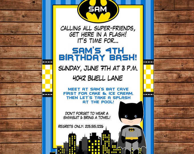 Boy Invitation Bat Superhero Super hero Birthday Party - Can personalize colors /wording - Printable File or Printed Cards