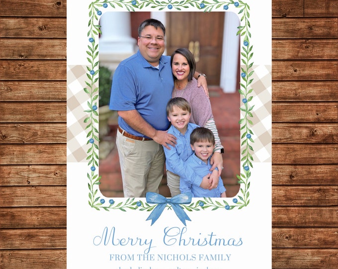 Christmas Holiday Photo Card Baby Blue Watercolor Wreath Buffalo Check - Can Personalize - Printable File