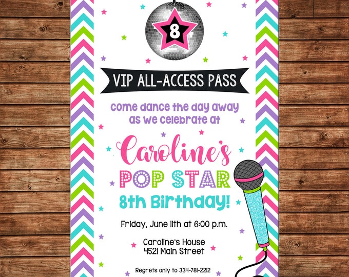 Girl Invitation Dance Disco Ball Popstar Pop Star Birthday Party - Can personalize colors /wording - Printable File or Printed Cards