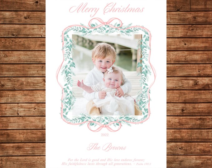 Christmas Holiday Photo Card Pink Watercolor Wreath Greenery Ribbon - Can Personalize - Printable File