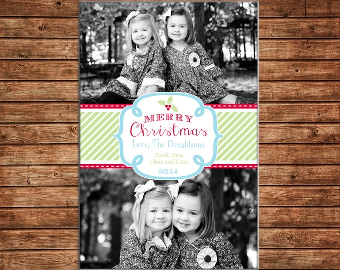 Photo Picture Christmas Holiday Card Ribbon Scallop Whimsical Holly Southern Preppy - Digital File