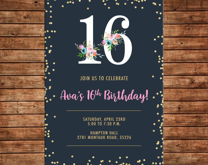 Girl Invitation Watercolor Flowers Gold Glitter 16th Birthday Party - Can personalize colors /wording - Printable File or Printed Cards