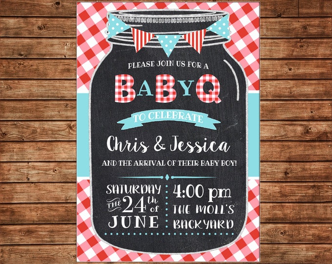 Invitation Mason Jar Chalkboard Red Gingham Baby Q Shower Party - Can personalize colors /wording - Printable File or Printed Cards