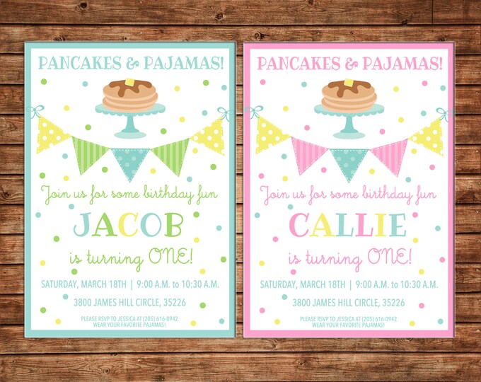 Boy or Girl Invitation Pajamas and Pancakes Birthday Party - Can personalize colors /wording - Printable File or Printed Cards