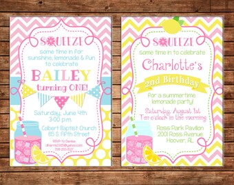 Girl Invitation Lemonade Stand Lemon Summer Birthday Party - Can personalize colors /wording - Printable File or Printed Cards