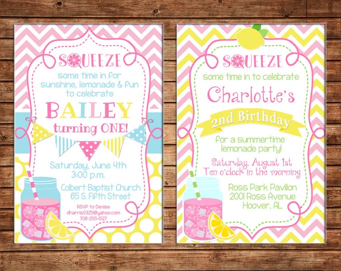 Girl Invitation Lemonade Stand Lemon Summer Birthday Party - Can personalize colors /wording - Printable File or Printed Cards