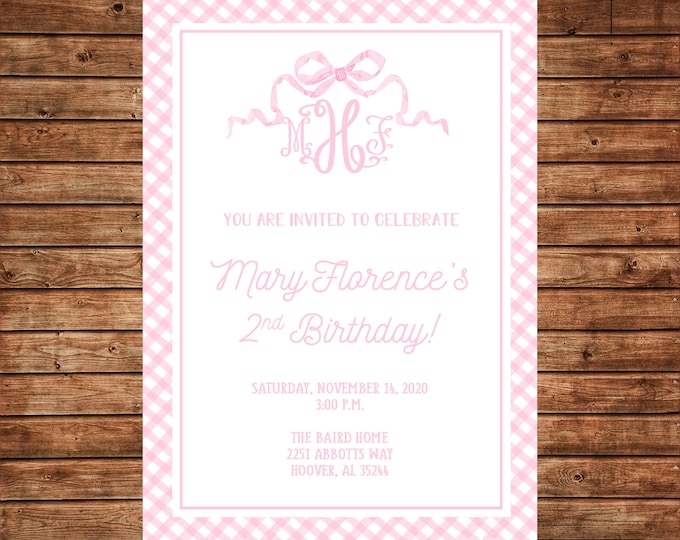 Invitation Watercolor Gingham Pink Bow Girl Birthday Monogram Shower  - Can personalize colors /wording - Printable File or Printed Cards