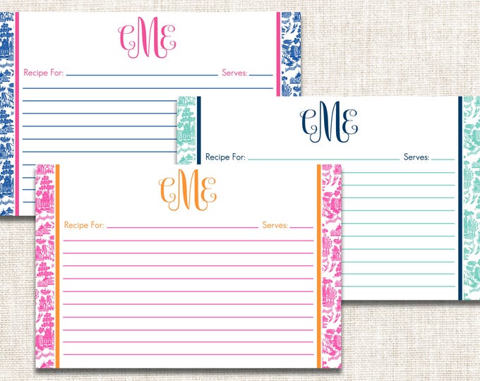 Personalized Recipe Cards, Preppy Recipe Cards, Monogrammed Recipe Cards