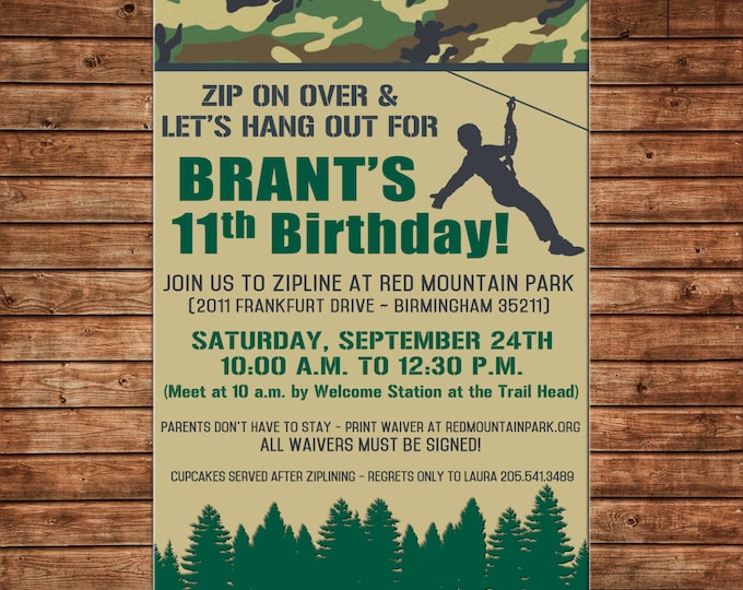 Boy Invitation Zipline Zipling Camo Outdoors Birthday Party - Can personalize colors /wording - Printable File or Printed Cards