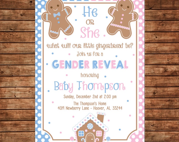 Gingerbread Gender Reveal Baby Shower Invitation  - Can personalize colors /wording - Printable File or Printed Cards