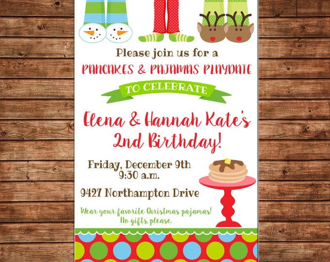 Boy or Girl Invitation Christmas Pajamas and Pancakes Birthday Party - Can personalize colors /wording - Printable File or Printed Cards