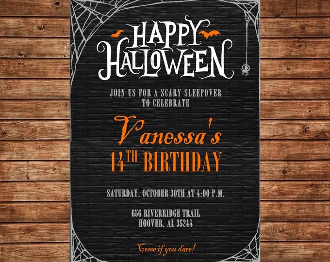 Halloween Invitation Spider Web Modern Birthday Party - Can personalize colors /wording - Printable File or Printed Cards