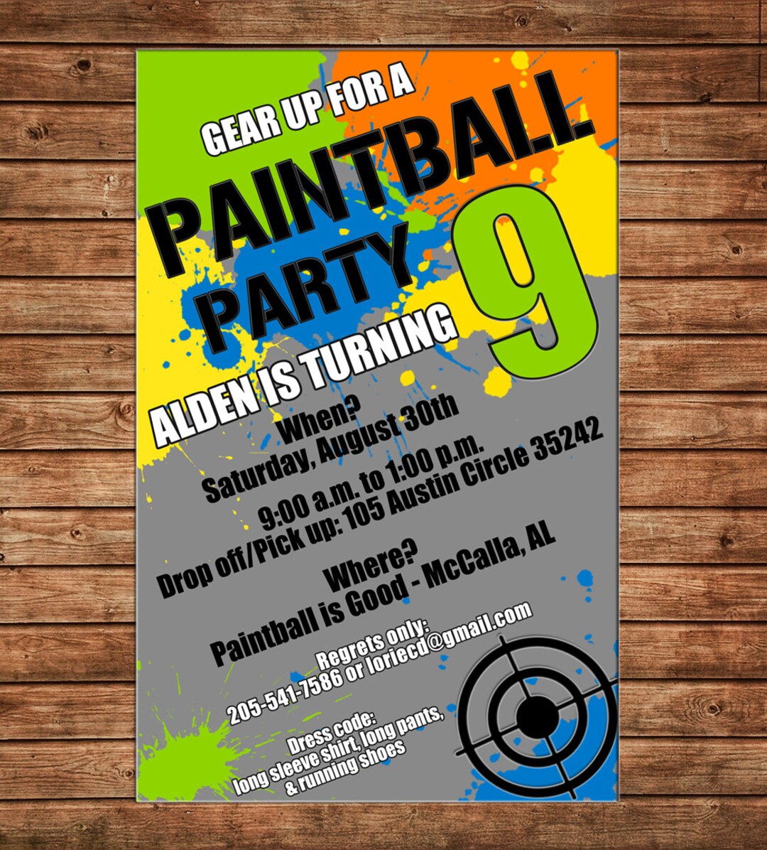 Boy Invitation Paint Ball Paintball Birthday Party Can Personalize Colors /wording Printable