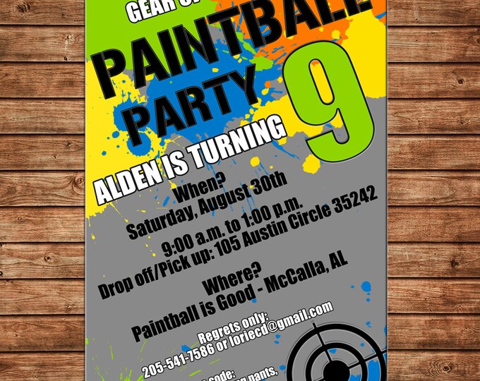 Boy Invitation Paint Ball Paintball Birthday Party - Can personalize colors /wording - Printable File or Printed Cards