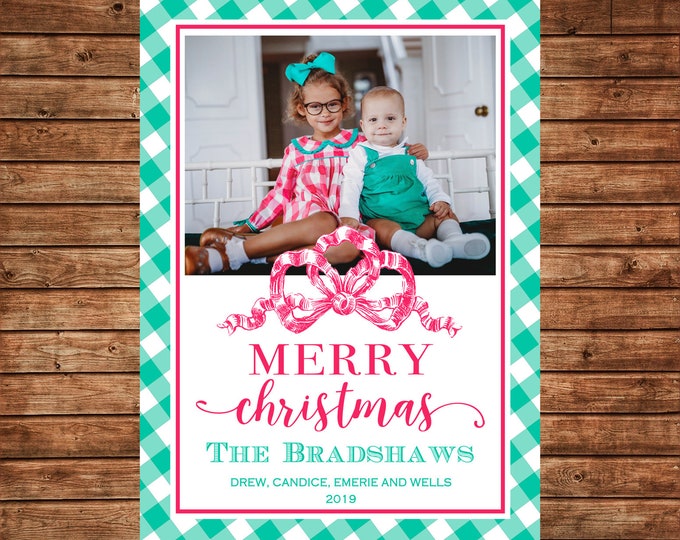 Christmas Holiday Photo Card Pink Green Gingham Preppy - Can Personalize - Printable File