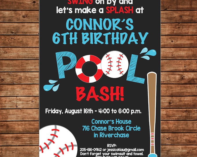 Boy Invitation Baseball Pool Swim Birthday Party - Can personalize colors /wording - Printable File or Printed Cards