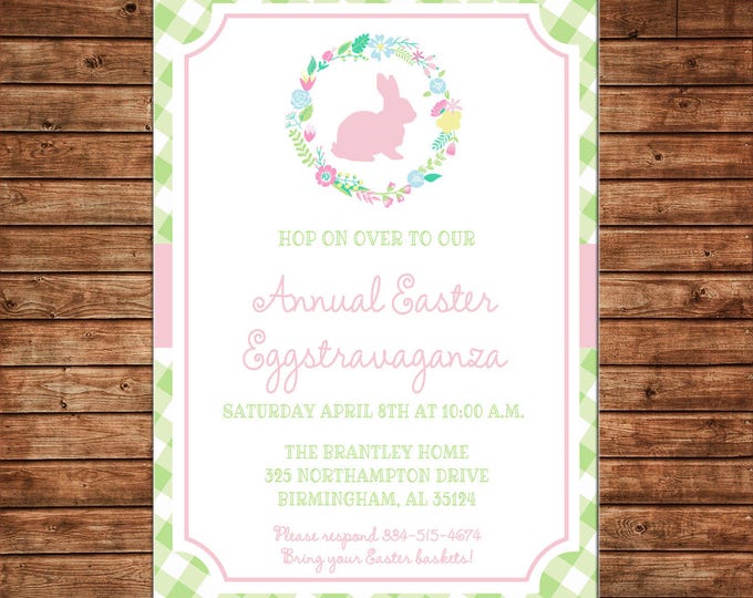 Boy or Girl Invitation Bunny Rabbit Gingham Floral Wreath Birthday Party - Can personalize colors /wording - Printable File or Printed Cards