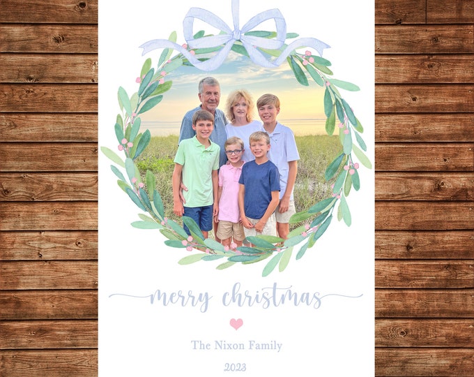 Christmas Holiday Photo Card Watercolor Pastel Wreath Ribbon  - Can Personalize - Printable File