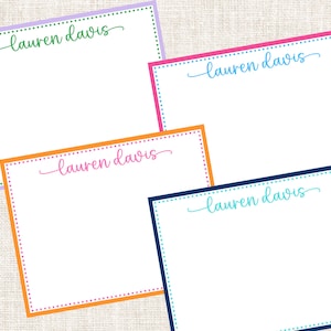 May include: Four rectangular note cards with dotted borders in purple, pink, orange, and navy blue. Each card features the name "lauren davis" printed in a cursive script font in matching colors: green, blue, pink, and light blue respectively.