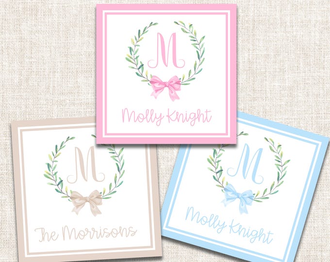 Personalized Gift Tags, Enclosure Cards, Gift Stickers, Monogram Wreath Tags