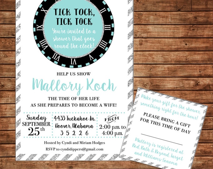 Invitation Around the Clock Wedding Bridal Shower Party - Can personalize colors /wording - Printable File or Printed Cards