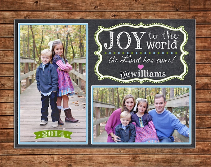 Photo Picture Christmas Holiday Card Chalkboard Chalk Whimsical Joy to the World  - Digital File