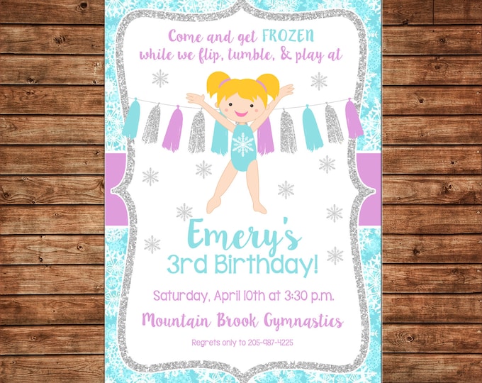 Girl Invitation Snowflake Glitter Gymnastics Gym Birthday Party - Can personalize colors /wording - Printable File or Printed Cards