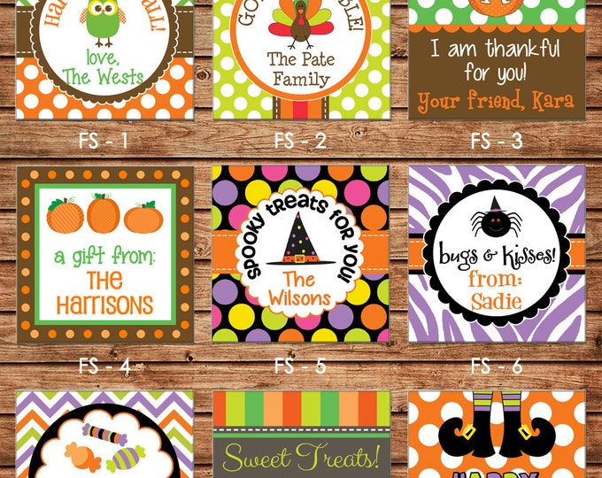 24 Square Personalized Halloween Fall Thanksgiving Enclosure Cards, Gift Stickers, Gift Tags