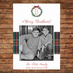 Christmas Holiday Photo Card Tartan Plaid Wreath Can Personalize Printable File image 1