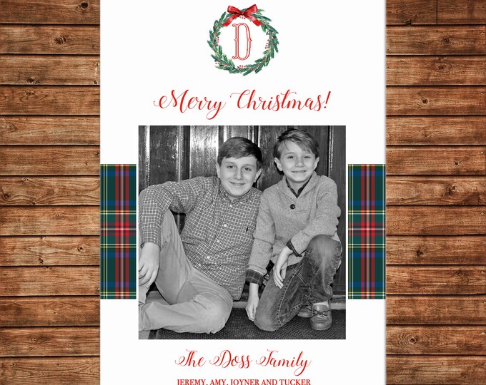 Christmas Holiday Photo Card Tartan Plaid Wreath - Can Personalize - Printable File