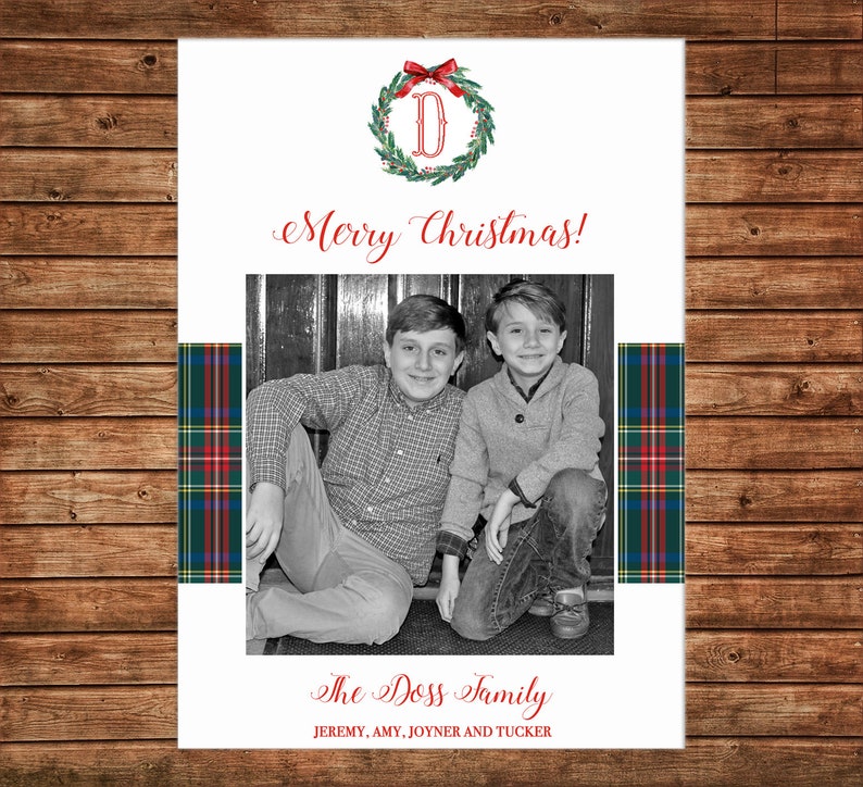 Christmas Holiday Photo Card Tartan Plaid Wreath Can Personalize Printable File image 1