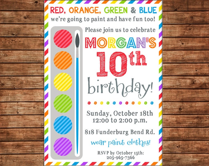 Boy or Girl Invitation Paint Palette Rainbow Stripe Art Birthday Party - Can personalize colors /wording - Printable File or Printed Cards